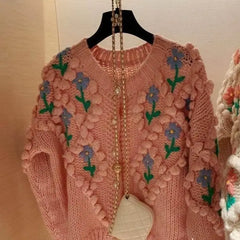Flower O Neck Knit Cardigan with Floral Design