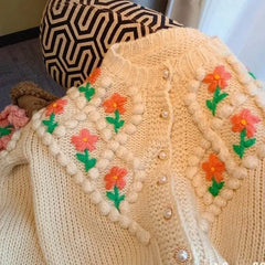 Flower O Neck Knit Cardigan with Floral Design Apricot / M