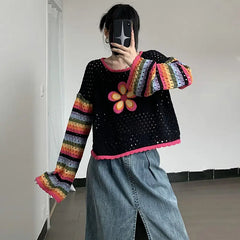Flower Striped Stitching Knitted Embroidery Sweater