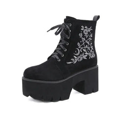 Flower Suede Leather Platform Chunky Boots Euro Size black