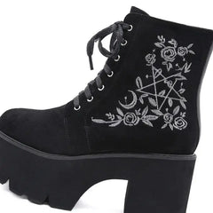 Flower Suede Leather Platform Chunky Boots Euro Size