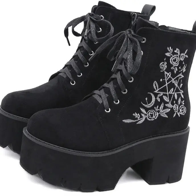 Flower Suede Leather Platform Chunky Boots Euro Size