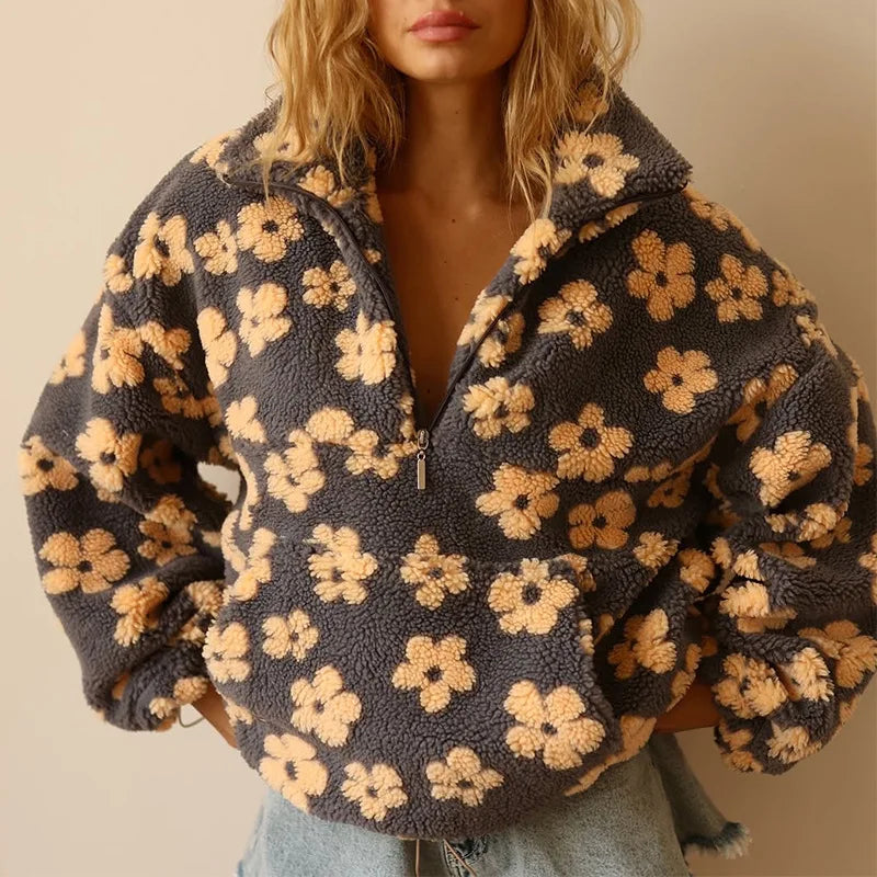 Woman wearing a Flower Thick Loose Zipper Long Sleeve Faux Fur Coat with floral pattern and cozy texture.
