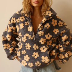Woman wearing a Flower Thick Loose Zipper Long Sleeve Faux Fur Coat with floral pattern and cozy texture.
