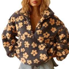 Flower Thick Loose Zipper Long Sleeve Faux Fur Coat with floral design