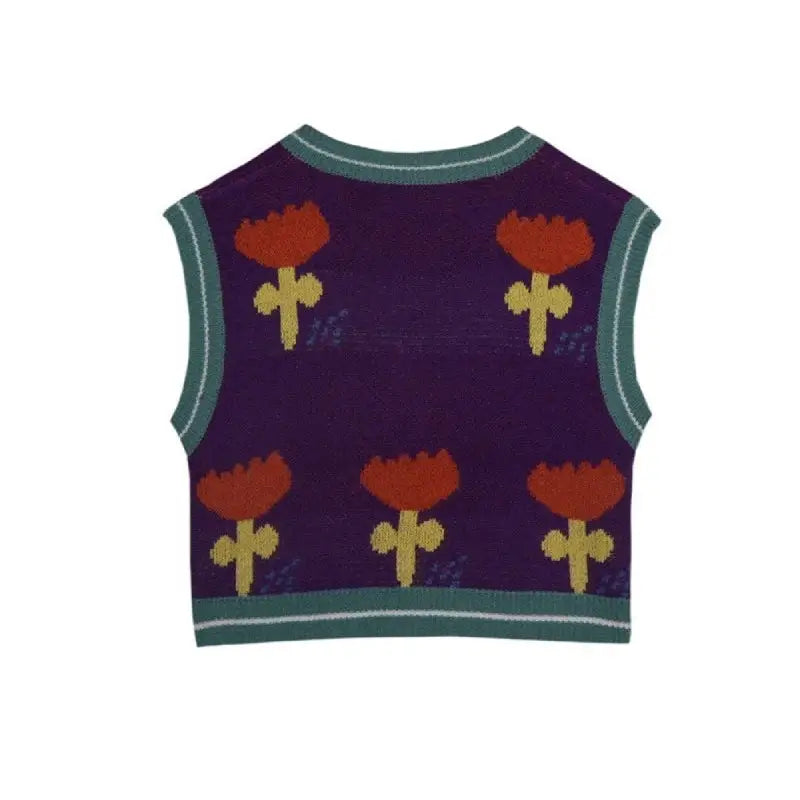 Flower Vintage V Neck Knitted Vest Korean Style
