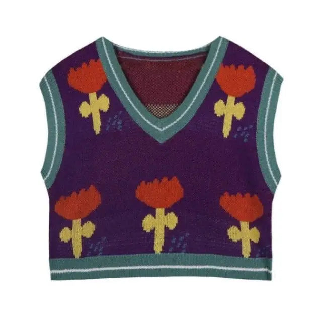 Flower Vintage V Neck Knitted Vest Korean Style Purple / S