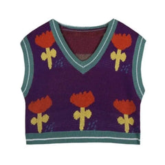 Flower Vintage V Neck Knitted Vest Korean Style Purple / S