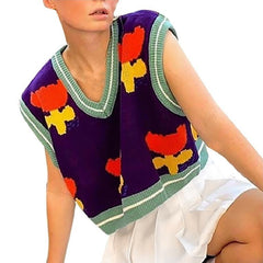 Flower Vintage V-neck Knitted Vest