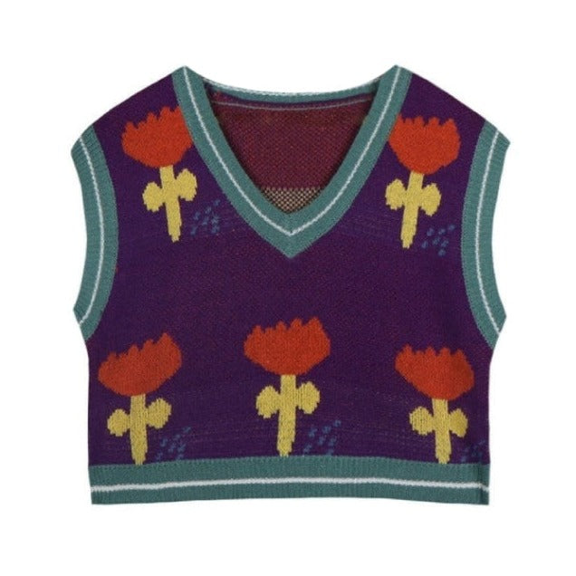 Flower Vintage V-neck Knitted Vest - Purple / S