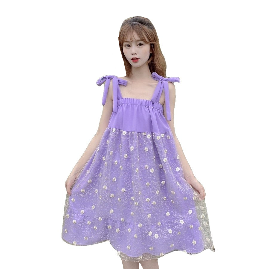 Flowers Embroidery Sequin Mesh Dress - Purple / S
