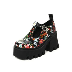 Flowers High Heel PU Leather Shoes - Black / 35