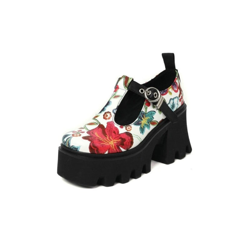 Flowers High Heel PU Leather Shoes - White / 35