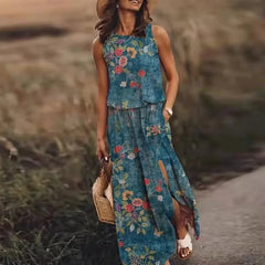 Flowers Loose O-Neck Sleeveless Long Maxi Dress