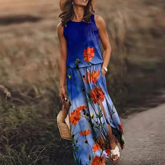 Flowers Loose O-Neck Sleeveless Long Maxi Dress