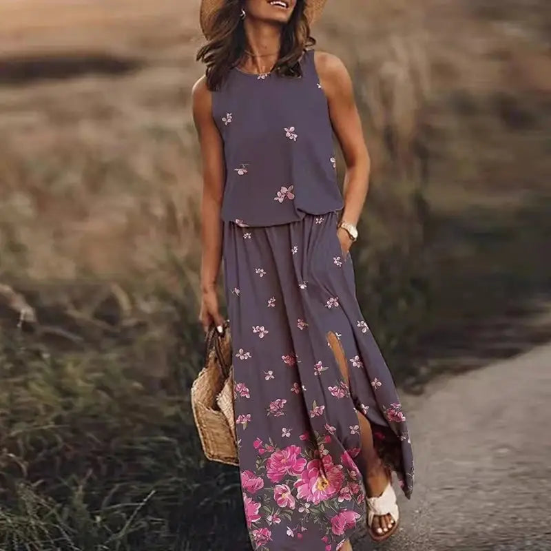 Flowers Loose O-Neck Sleeveless Long Maxi Dress