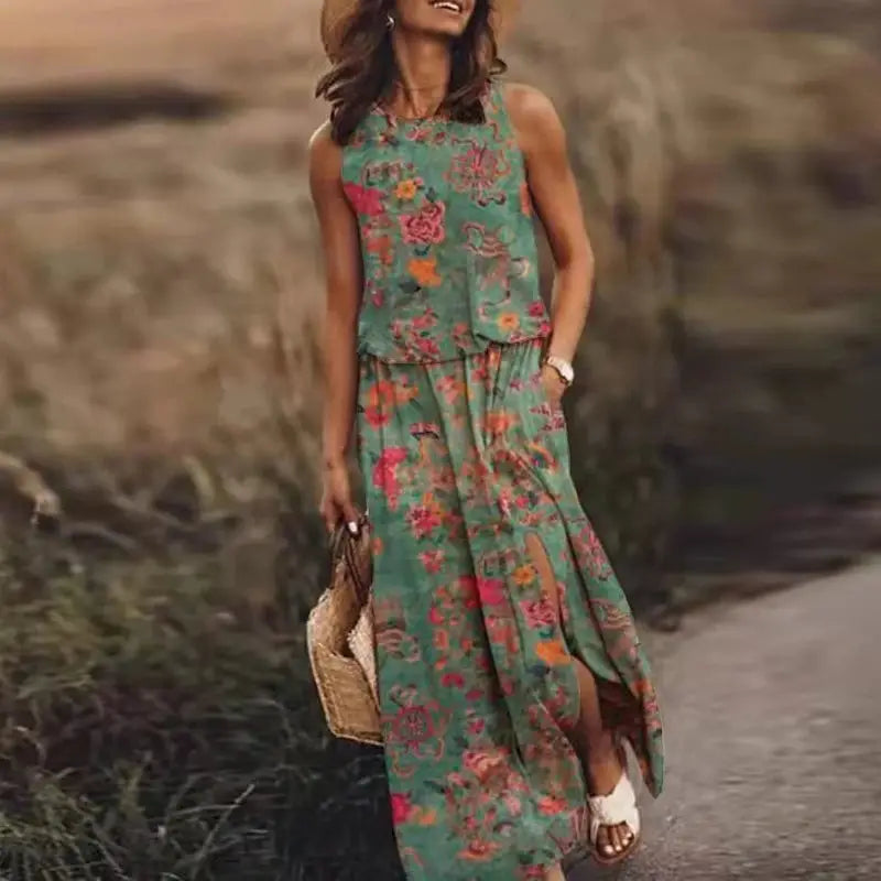 Flowers Loose O-Neck Sleeveless Long Maxi Dress