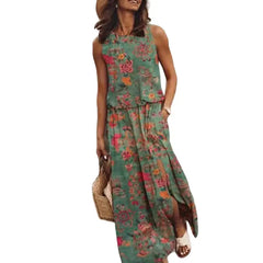 Flowers Loose O-Neck Sleeveless Long Maxi Dress - Militar