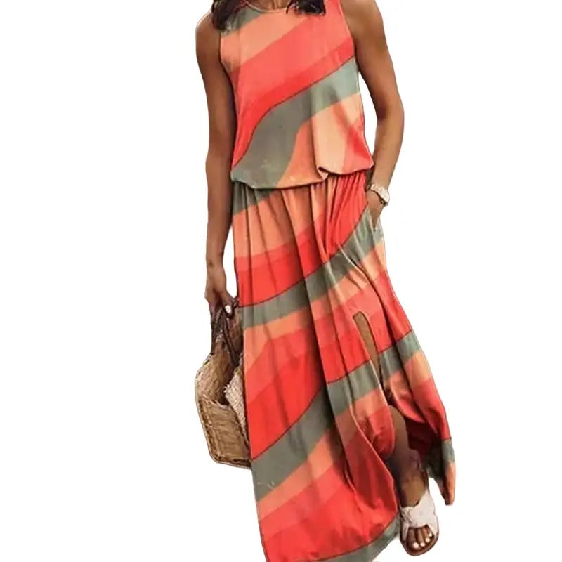 Flowers Loose O-Neck Sleeveless Long Maxi Dress - Orange / S