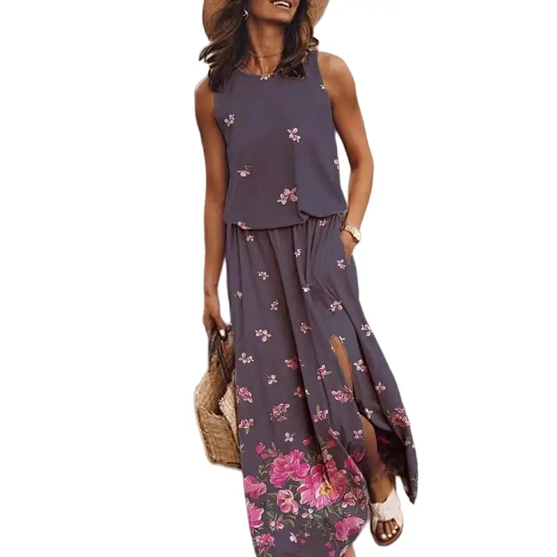 Flowers Loose O-Neck Sleeveless Long Maxi Dress