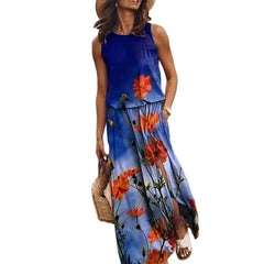 Flowers Loose Sleeveless Long Maxi Dress Blue / S