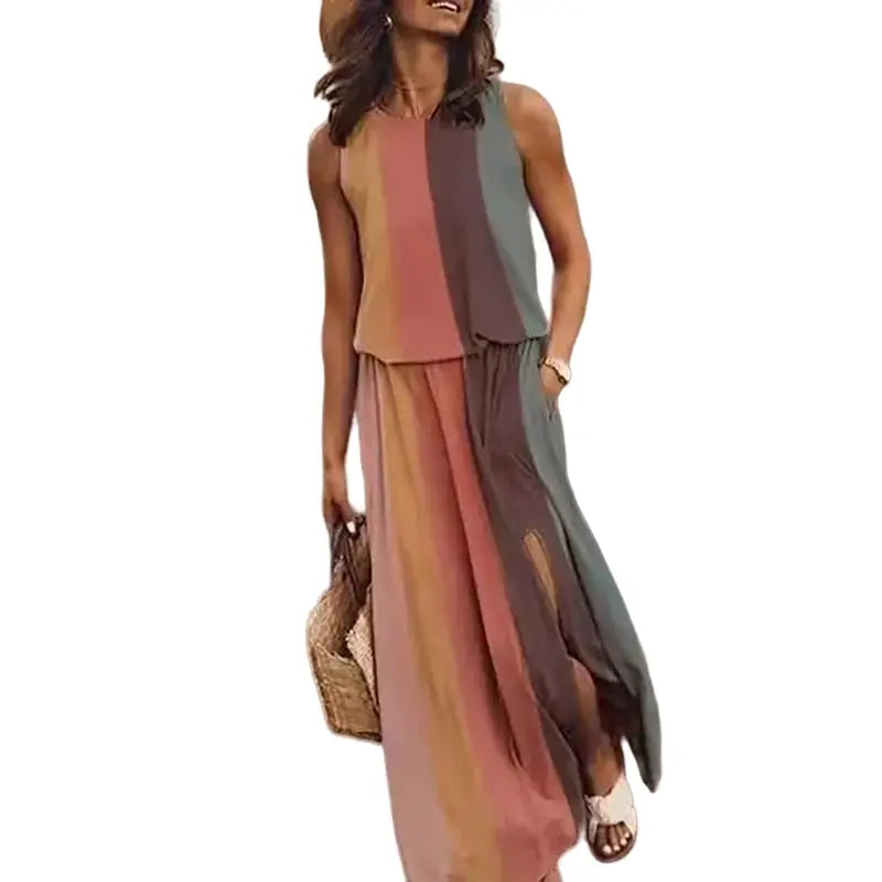 Flowers Loose Sleeveless Long Maxi Dress Brown / S