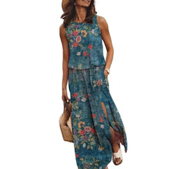 Flowers Loose Sleeveless Long Maxi Dress Green / S