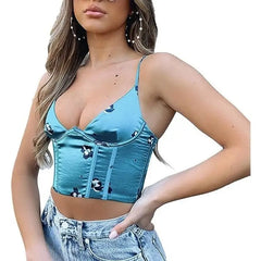 Flowers Satin V Neck Sleeveless Corset Crop Top