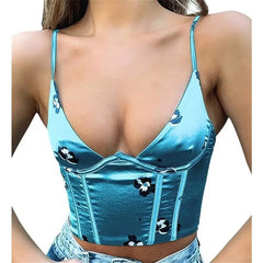 Flowers Satin V Neck Sleeveless Corset Crop Top