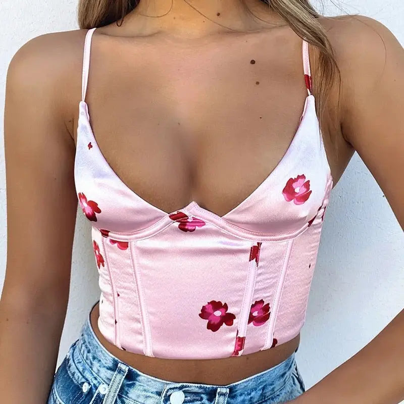 Flowers Satin V Neck Sleeveless Corset Crop Top