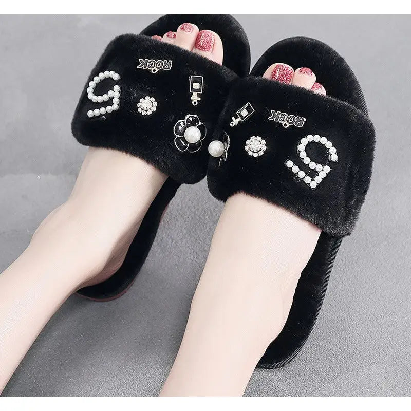 Fluffy Vegan Slippers Fur Slides for Women Black / 6.5