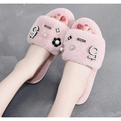 Fluffy Vegan Slippers Fur Slides for Women Pink / 7