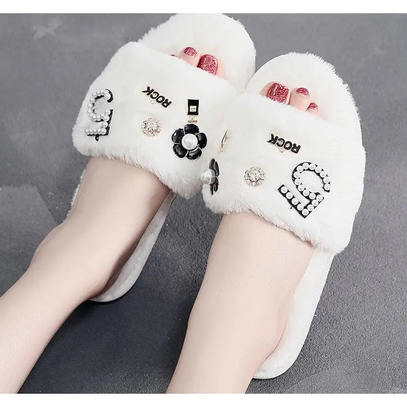 Fluffy Vegan Slippers Fur Slides for Women White / 8