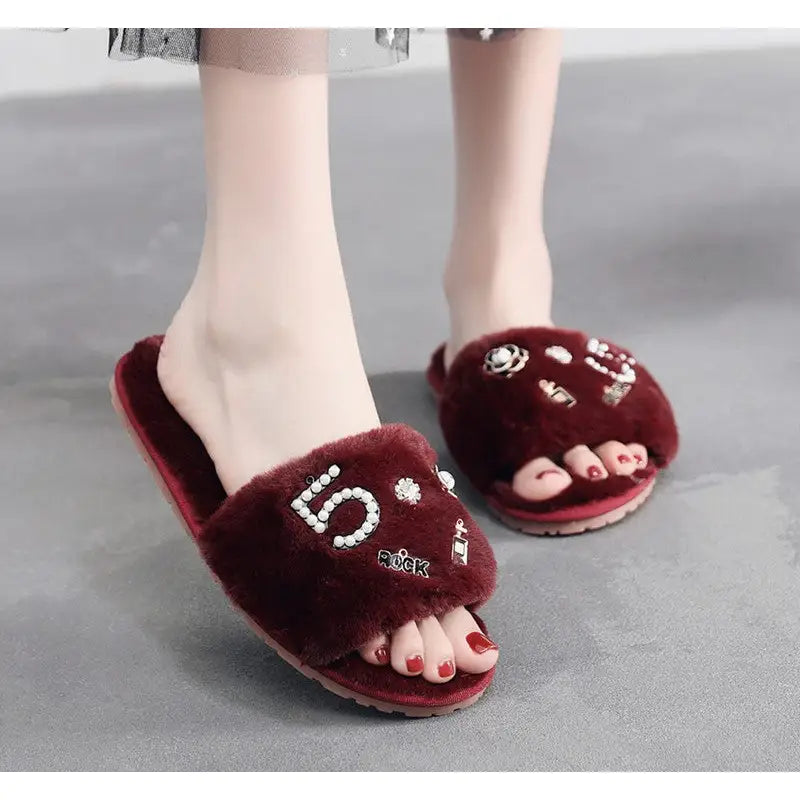 Fluffy Vegan Slippers Fur Slides for Women Wine Red / 7