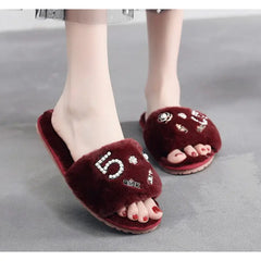 Fluffy Vegan Slippers Fur Slides for Women Wine Red / 7