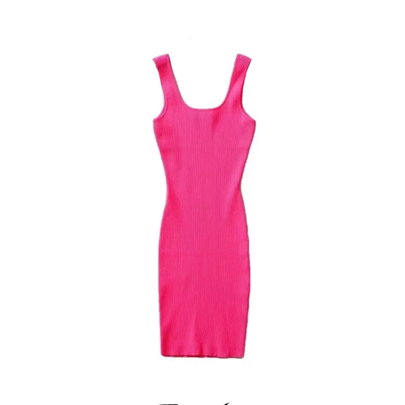 Fluorescent Knit Bodycon Tank Casual Short Dress - Pink