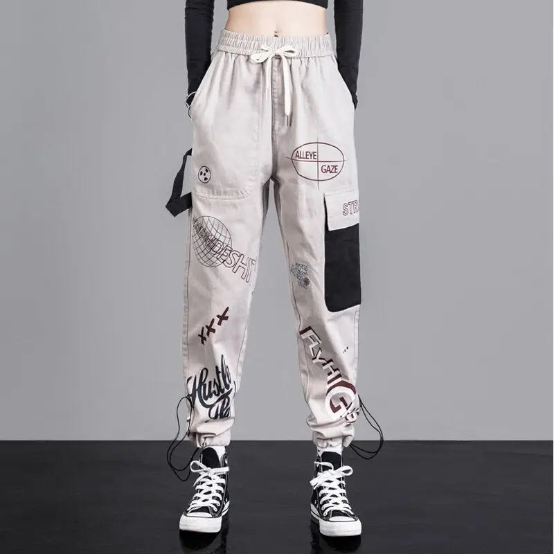 Fly Higher Graffiti Cargo Pants Trousers - Beige Grey / S