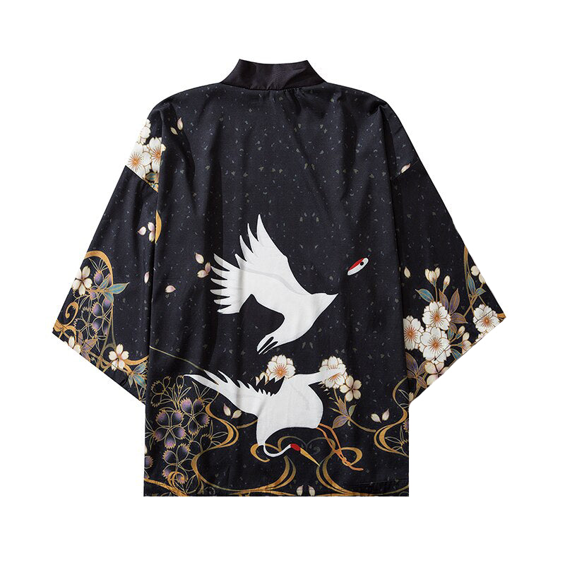 Flying Cranes 3/4 Sleeve Kimono - Black / S - KIMONO