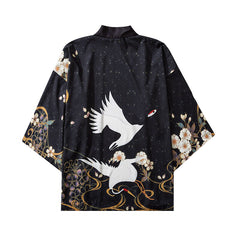 Flying Cranes 3/4 Sleeve Kimono - Black / S - KIMONO