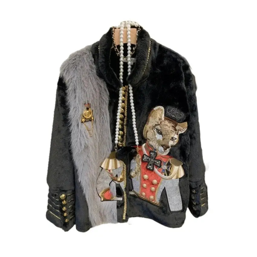 Fox Embroidery Faux Fur Jacket