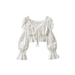 French Vintage Pleated Long Sleeve Square Collar Top
