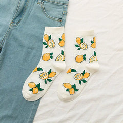 Fresh Fruits Mid-Leg Socks - White-Lemon / 35-39