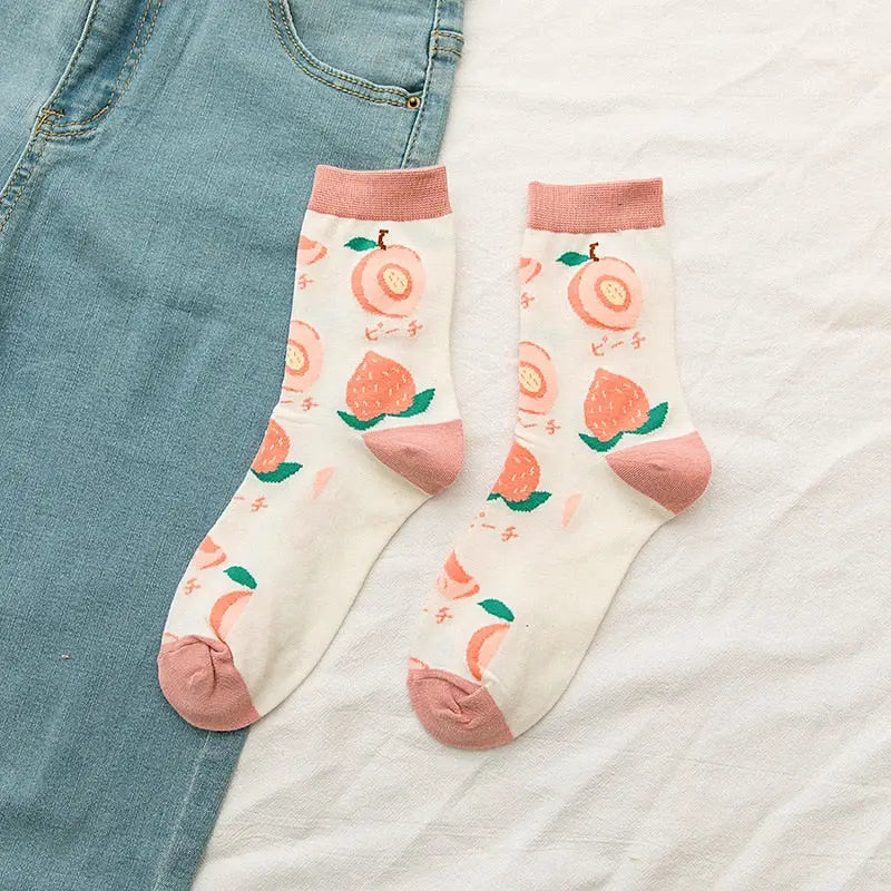 Fresh Fruits Mid-Leg Socks - White-Pink / 35-39