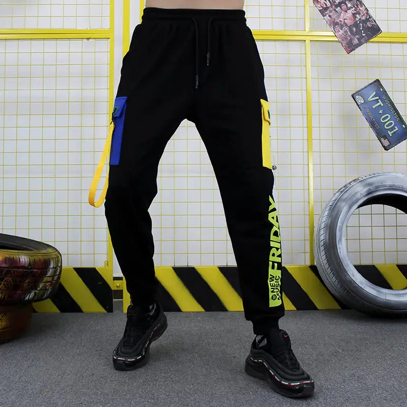 Friday Black Ribbons Loose Multi-Pocket Pants