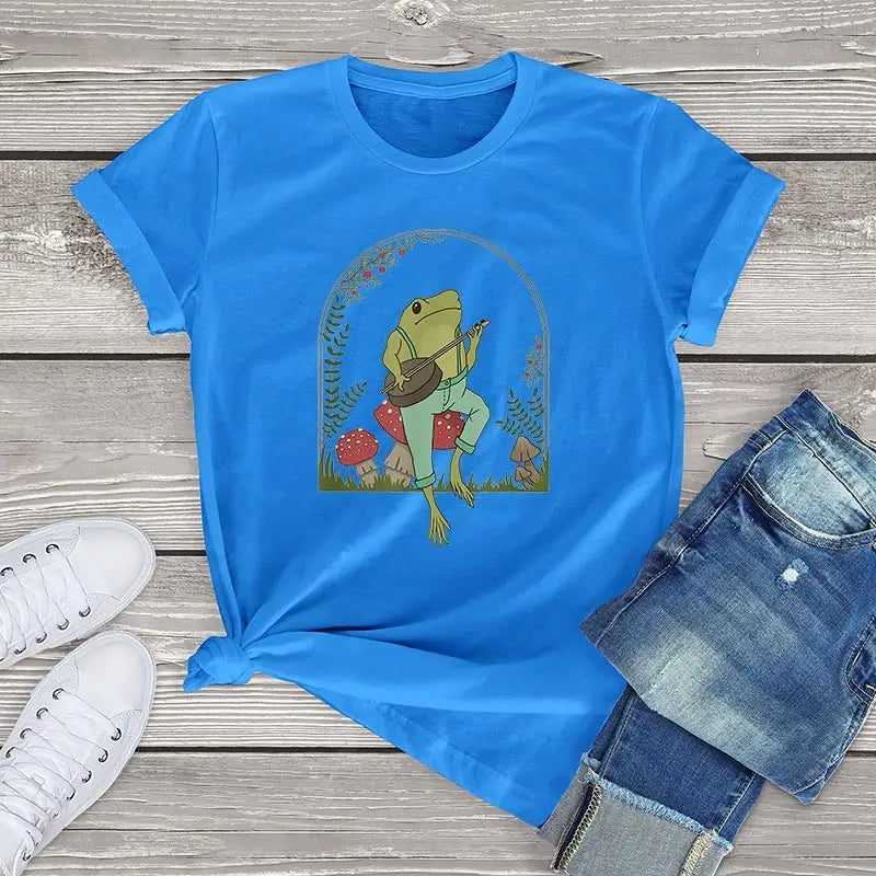 Frog Playing Banjo on Mushroom Cottagecore T-Shirt