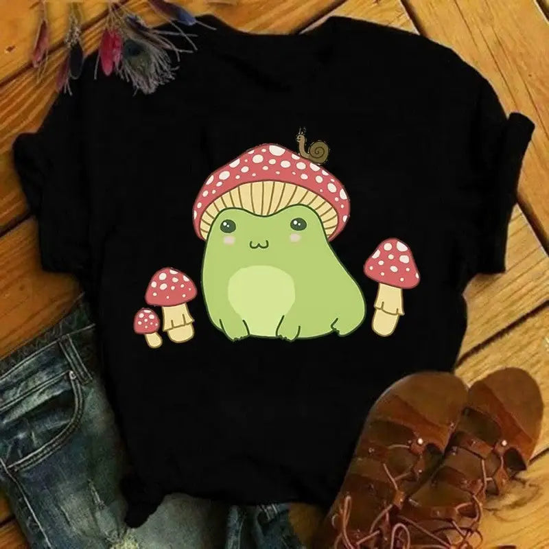 Frog with Mushroom Hat and Snail T-Shirt - Black / S