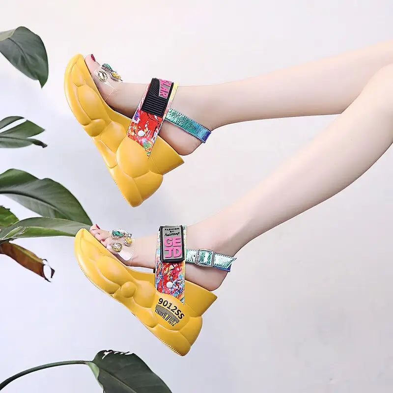 Full-Color Platform Sandals with Adjustable Ankle Buckle