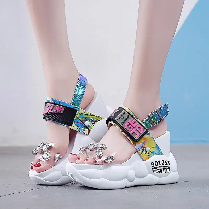 Full-Color Platform Sandals with Adjustable Ankle Buckle