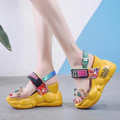 Full-Color Platform Sandals with Adjustable Ankle Buckle