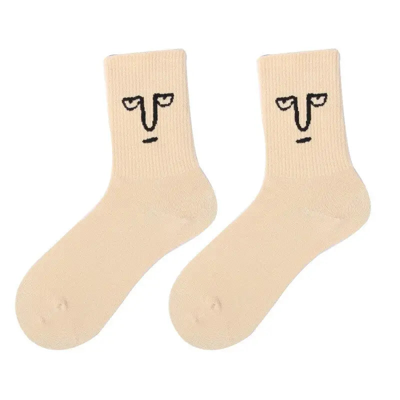 Funky Surprise Face Cotton Socks - Beige / One Size